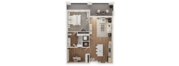 a 3d floor plan of a bedroom with a bathroom and a living room